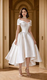 Niulatu A Line Short Sleeve White Satin Homecoming Dress Birthday Dress HZ0113