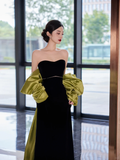 Niulatu Black Strapless Satin Long Prom Dress Evening Dress With Bow HZ1007