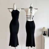 Niulatu Sheath Halter Black Dinner Dresses Mid Length Black Birthday Outfit SD287