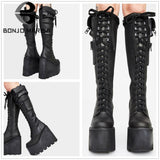 Niulatu Size 43 Platform Wedges Goth Punk Women Pocket Bags Combat Boots Lace Up Street Zipper Autumn Women Shoes DJSE