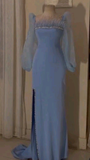 Niulatu Blue Sequins Feathers Evening Dress Long Slit Prom Dress Party Gown HZ1007