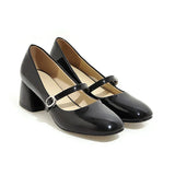 Niulatu Women Shoes High Heels Mary Janes Shoes Patent Leather Thick Heel Pumps Buckle Square Toe Female Footwear White DJSE