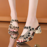 Niulatu 2025 Rhinestone Slippers Ladies Chunky Heels Hollow Casual Slippers Fashion Beach Shoes Woman Sandalias De Mujer DJSE