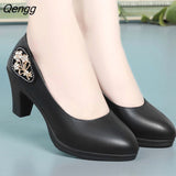 Niulatu Women Cute European Stylish Round Toe Black Pu Leather Square Heel Pumps Lady Casual Wine Red Comfort Summer Heel Shoes DJSE