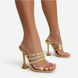 Niulatu Clear Strap Pyramid Heels Sandals Women Slip On Zebra Stripe Mules High Heels Shoes Summer Party Dress Shoes DJSE