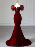 Niulatu Mermaid Velvet Puff Sleeve Bow Prom Dress Elegant Evening Dress HZ1007