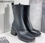 Niulatu Women PVC Rainboots Chunky Heel Height Increasing Short Boots Thick Sole Motorcycle Ankle Boots For Women Rain Shoes DJSE