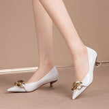 Niulatu Women Shoes Pumps All-match Low Kitten Heel Pointed Toe Metal Chain Woman Pumps OL Black Soft Leather Work Dress Shoes DJSE