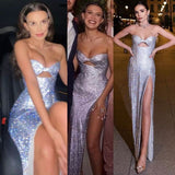 Niulatu Mermaid Strapless Sequin Long Silver Slit Prom Dresses Evening Dress HZ1110