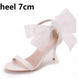 Niulatu Woman Sweet Bow Knot Elegant Ankle Strap Party Sandals Black Thin High Heels White Wedding Shoes Open Toe DJSE