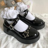 Niulatu Lolita Shoes Star Buckle Strap Mary Janes Women Cross-tied Platform Shoe Patent Leather Girls Rivet Casual Shoes DJSE
