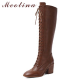 Niulatu Winter Knee High Boots Women Natural Genuine Leather Chunky High Heel Tall Boots Zipper Round Toe Shoes Lady Size DJSE