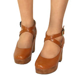 Niulatu Women Pumps Brown Punk Chunky Platform Mary Jane Shoes High Heels Cross-tied Pu Round Toe Buckle Plus Size Goth Shoes DJSE