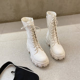 Niulatu Women Motorcycle Boots Wedges Flat Shoes Woman High Heel Platform PU Leather Boots Lace Up Women Shoes Black Boots Girls DJSE