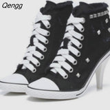 Niulatu Women Canvas Shoes Denim High Heels Rivets Shoes Fashion Shoe Laces Sneakers Women Short Women's Pumps black blue DJSE