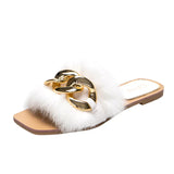 Niulatu Size Plush Furry Fluffy Women Slippers White Flat Outdoor Autumn Shoes Fashion Chain Fur Slipper Slip on Woman Mules DJSE