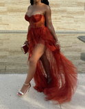 Niulatu Rust Tiered Ruffles Tulle Prom Dress HZ0113
