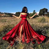 Niulatu A Line Spaghetti Straps Red Backless Prom Dresses Long Party Dress SD2265