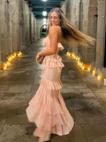 Niulatu Pink Chiffon Ruffles Tiered Evening Dress Slit Mermaid Prom Party Dress HZ1007