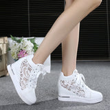 Niulatu Women Lace Casual Shoes Woman Breathable Mesh Sneakers Flats Lace Loafers High Heels Platform Wedges Ladies Creepers DJSE