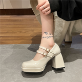 Niulatu High Heels Platform Pumps Women's Square Toe Thick Heels Mary Janes Woman Patent Leather High Heels Shoes Party Shoes DJSE