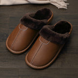Niulatu Men Winter Leather Slippers Bedroom Cotton Slippers Male Waterproof Thick Plus Velvet Indoor Warm House Home Slippers Shoes DJSE