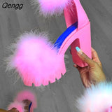 Niulatu college Women Sandals Fluffy High Heels Summer Fur Shoes 2025 Casual Ankle Buckle Fashion Shoes Non-Slip Outside Sandals Big Size 43 DJSE