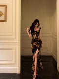 Niulatu Sheath Straps Floral Chiffon Slit Long Prom Dresses Birthday Outfits SD408