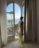 Niulatu V Neck Mermaid Evening Dress Yellow Chiffon Sequins Prom Dress HZ1007