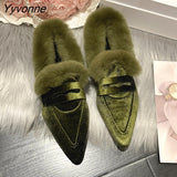 Niulatu Mules Women Fashion Pointed Toe Fur Loafers Ladies Brand Design Outdoor Furry Slides Evening Party Heeled Shoes DJSE