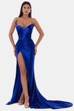 Niulatu V-Neck High Slit Pleated Strapless Royal Blue Prom HZ1007