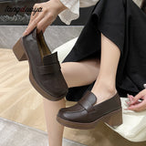 Niulatu Women Chunky heels Height Increase Shoes Ladies Vintage loafers Japanese Student Shoes College Style High Heels DJSE