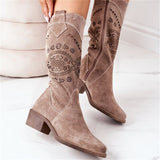 Niulatu Women Long Boots Breathable Hole Suede Comfortable Low-Heeled Retro Zippe Round Lady Boots Fashionr Keen-High Shoe DJSE