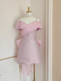 Niulatu A Line Spaghetti Straps Pink Ruffles Vacation Dresses Short Sequin Birthday Outfits SD335
