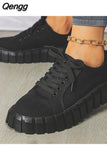 Niulatu Women Autumn Pu Leather Sneakers Sewing Lace-Up Platform Flats Vulcanized Shoes Thick Sole Brief Casual White Black Canvas Shoes DJSE