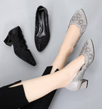 Niulatu Fashion Hollow Out Genuine Leather Pumps Women Shoes Med Heels Square Heel Mesh Ladies Office Shoes Crystal AD299 DJSE