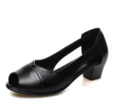 Niulatu Genuine Leather Comfortable Ladies Mid Heel Sandals Women Shoes Hollow Peep Toe Square Heel Sandals Woman Black M843 DJSE
