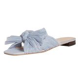 Niulatu Slip On Bowknot Women Pleated Sandals Slides Summer Flat Low Heel Casual Slip On Gold Leisure Open Toe Shoes Size 43 DJSE