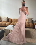 Niulatu Mermaid Strapless Neckline Pink Long Chiffon Party Dresses Prom Dress SD2028