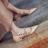 Niulatu Strap Cut Out D'orsy Studded Rockstud Patent Leather Rivet Flats T-Strap Buckle Walking Soft Women Shoes Travel Size DJSE