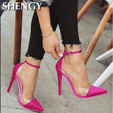 Niulatu Women's High-heeled Shoes New Toe Monochrome Belt Buckle Fashion Single Shoes Pink Black Apricot Size 34 And 43 DJSE