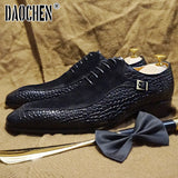 Niulatu Men Oxford Shoes Lace up Split Toe Coffee Black Formal Men Dress Shoes Suede Patchwork Crocodile prints Leather Shoes Men DJSE