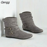 Niulatu Women Autumn Winter Womens Boots Low Wedge Buckle Biker Trim Flat Mid Calf Boots Shoes Girls Ankle Boots DJSE