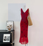 Cute A line V Neckline Red Floral Long Summer Dress For Women HZ1214