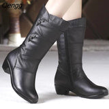 Niulatu Women's Mother Ladies Leather Snow Shoes Boots Knee High Zipper Winter Warm PU Plush Mid Calf Female Mid-calf Autumn Large Size DJSE
