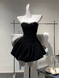 Niulatu A Line Strapless Black Velvet Cocktail Dresses Short Homecoming HZ1110