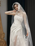 Niulatu White Mermaid One Shoulder Satin Lace Pleats Wedding Dress SD1738