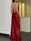 Niulatu Burguny Spaghetti Straps Long Prom Dress Backless Evening Dress HZ1007