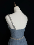 Niulatu Blue Tulle Beaded A Line Evening Dress Spaghetti Straps V Neck Prom Dress HZ1007