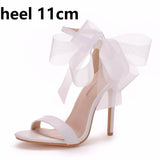 Niulatu Woman Sweet Bow Knot Elegant Ankle Strap Party Sandals Black Thin High Heels White Wedding Shoes Open Toe DJSE